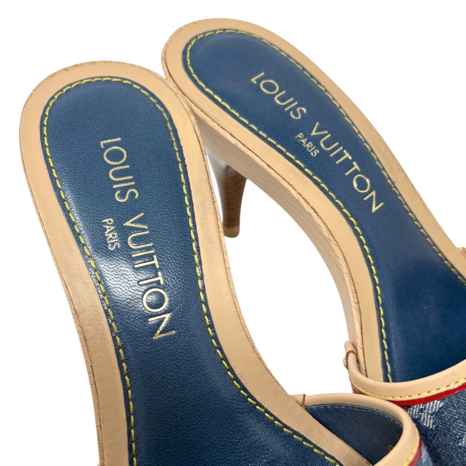 LOUIS VUITTON Vintage Monogram Denim Heels Sandals #36 Blue Beige Ribon
