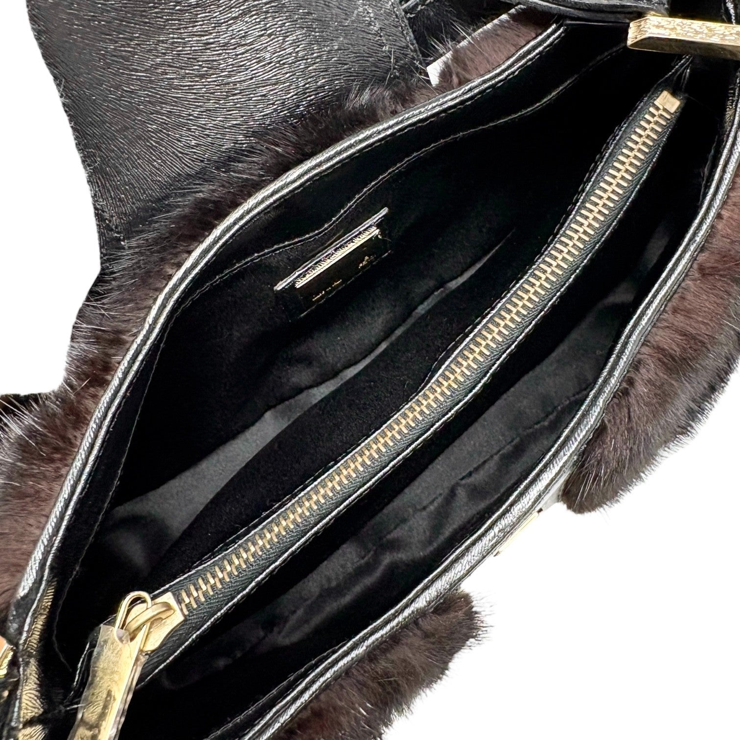 FENDI Vintage Logo Fur Baguette Mini Shoulder Bag Handbag Black Gold Leather