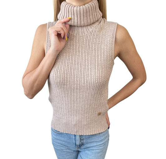 CHANEL Vintage 01A CC Logo Turtleneck Knit Top #42 Pink Beige Wool Sleeveless