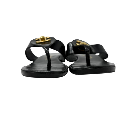 CHANEL Vintage Turnlock CC Logo Flat Thong Sandals #37 Leather Black Gold 901942