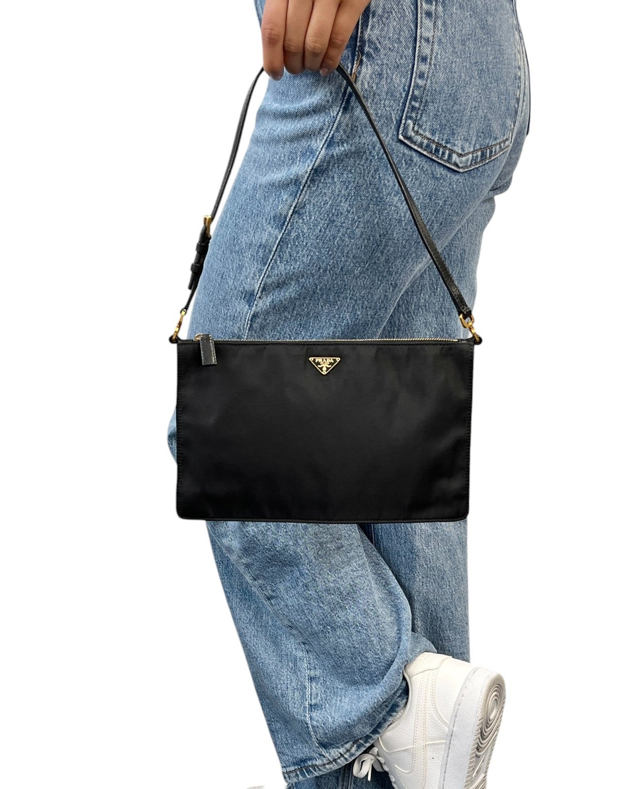 PRADA Vintage Triangle Logo Tessuto Nylon Mini Shoulder Bag Black Gold Leather