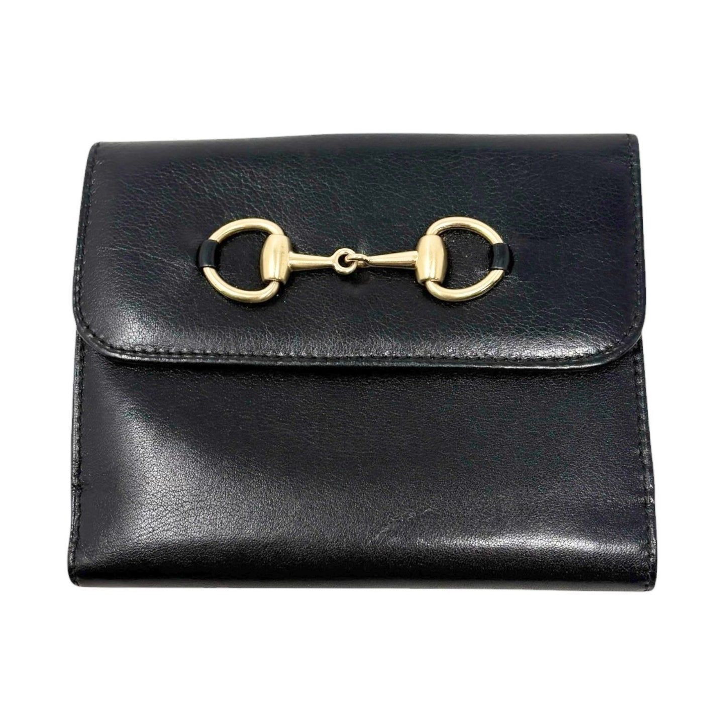 GUCCI Vintage Logo Horsebit Tri-fold Wallet Purse Black Gold Leather Square