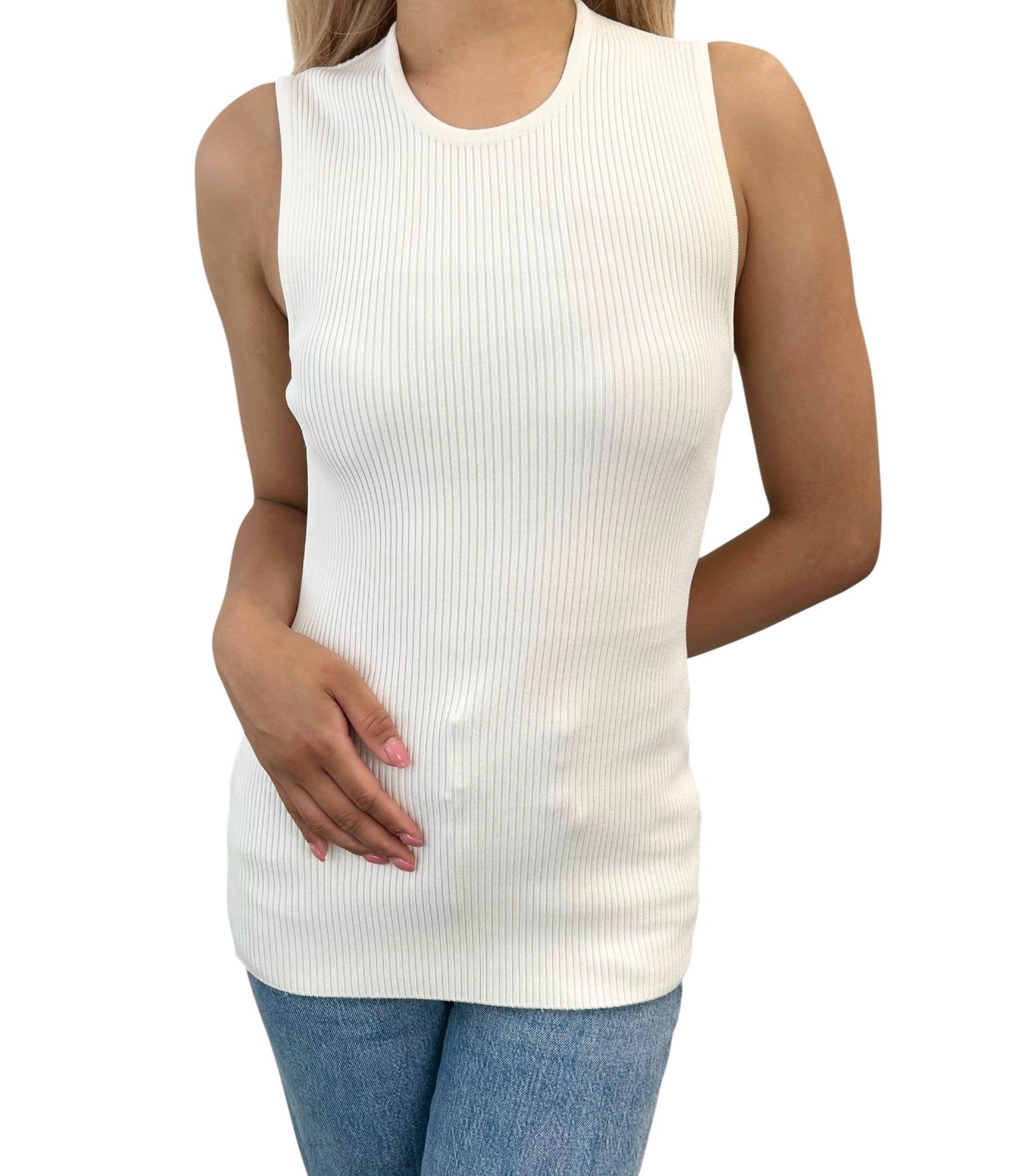 HERMES Vintage Logo Clou de Selle Button Rib Knit Tank Top #L White Gold Viscose