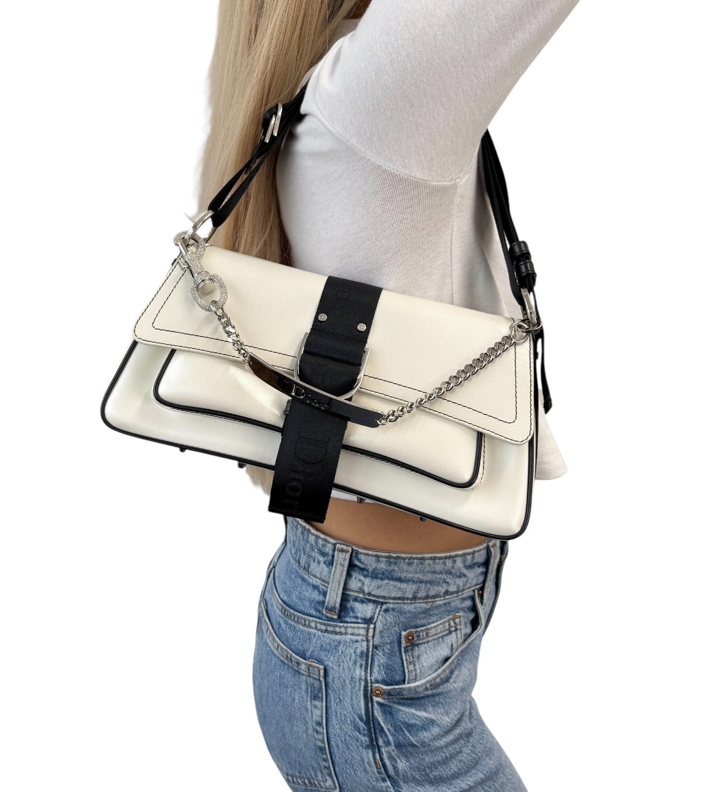 Christian Dior Vintage 2004 Hardcore Shoulder Bag Charm Rhinestone White Black