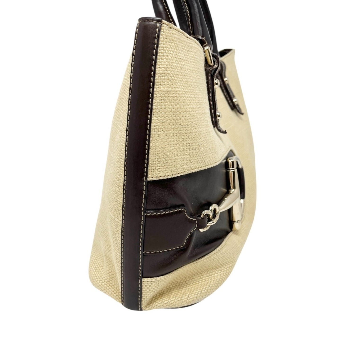 GUCCI Vintage Horsebit Shoulder Tote Bag Beige Brown Silver Cotton Leather