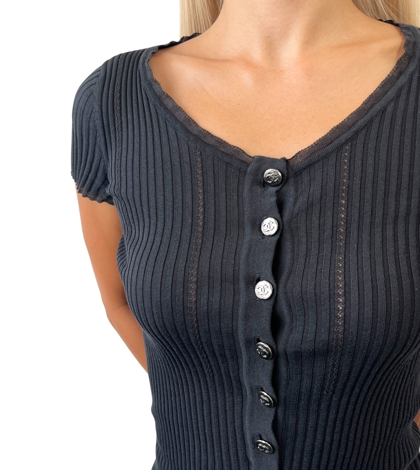 CHANEL Vintage 08P CC Logo Rib Knit Top #34 Black Cotton Silver Short Sleeve