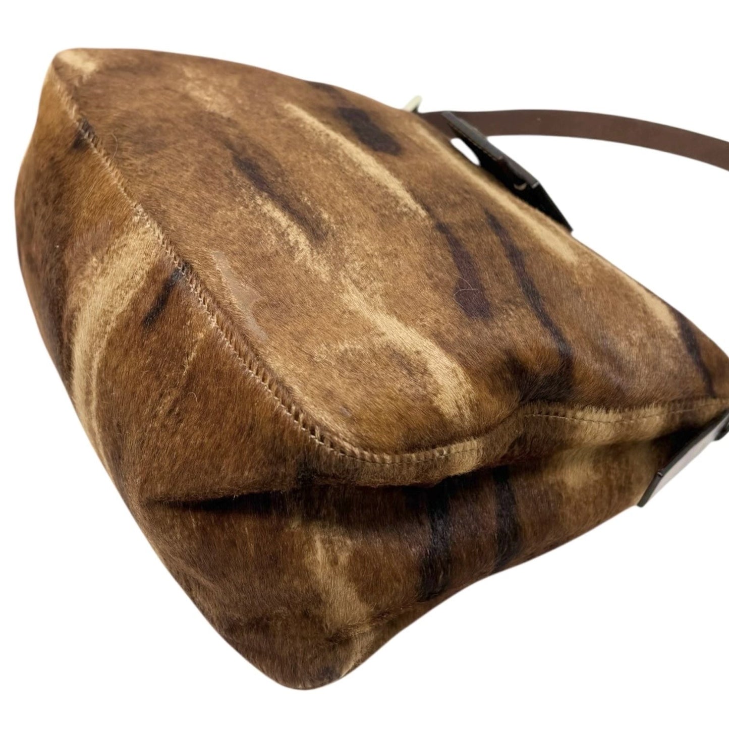 FENDI Vintage FF Logo Mamma Baguette Pony Calf Hair Shoulder Bag Brown Beige