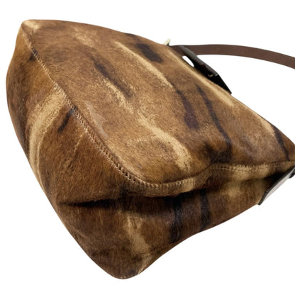 FENDI Vintage FF Logo Mamma Baguette Pony Calf Hair Shoulder Bag Brown Beige