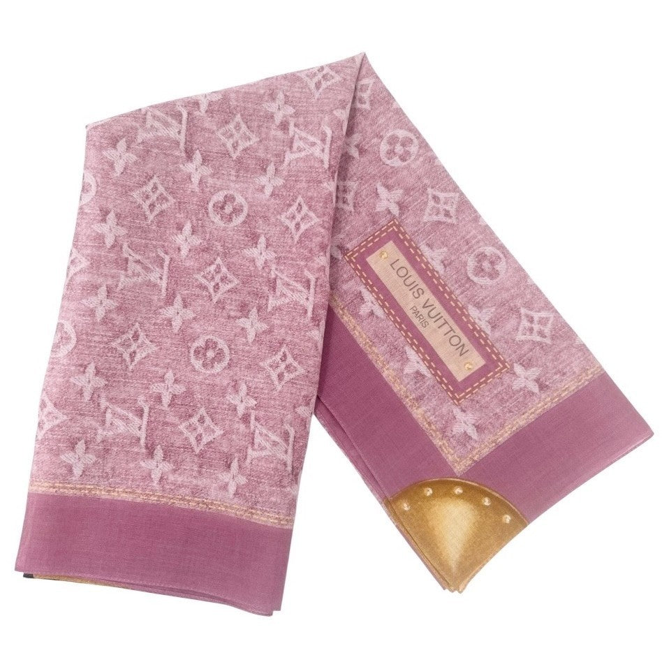 LOUIS VUITTON Vintage Monogram LV Logo Scarf Wrap Bandana Accessory Pink Cotton