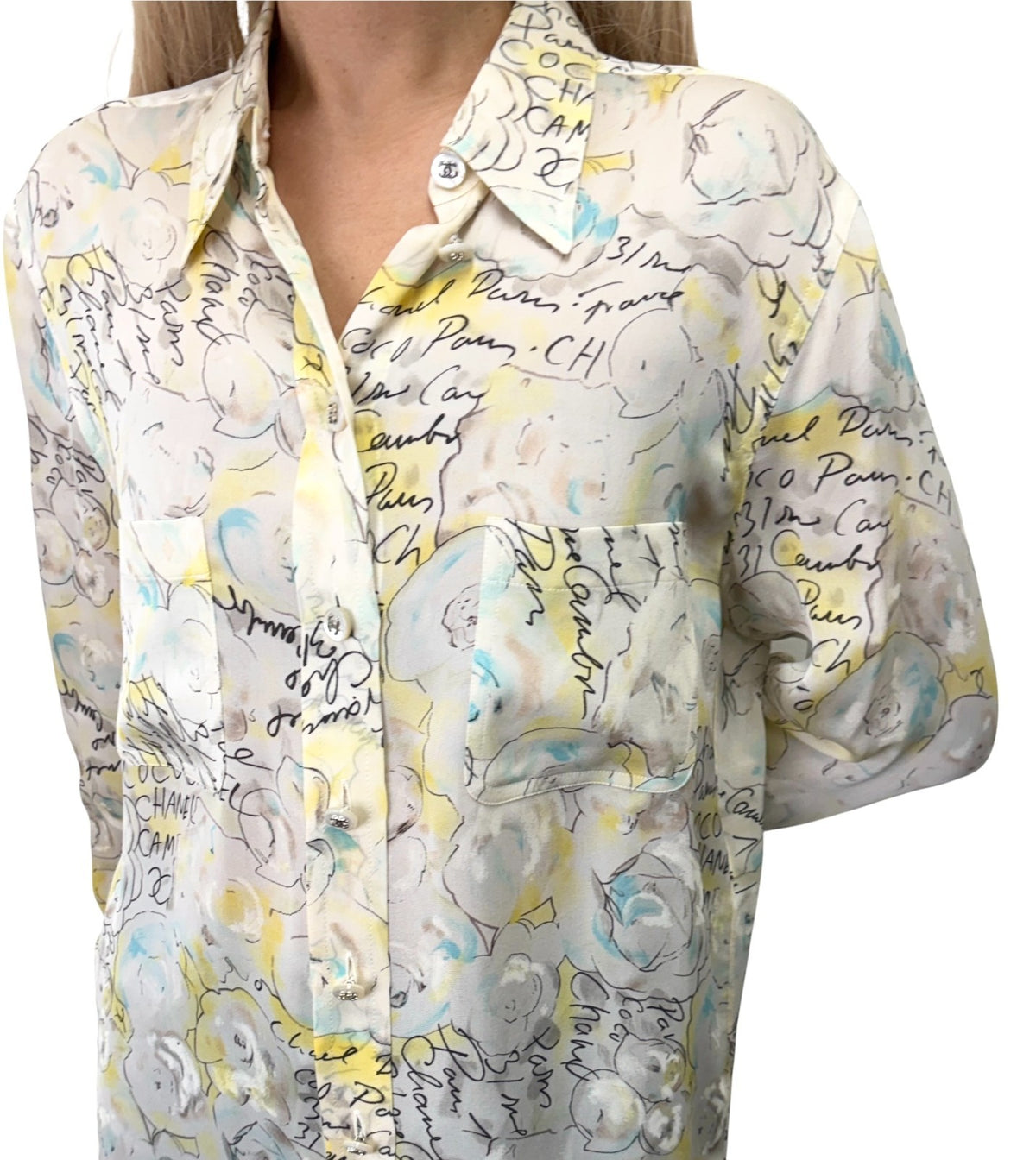 CHANEL Vintage 98C CC Logo Button Camellia Silk Shirt Top #38 Multicolor 902917