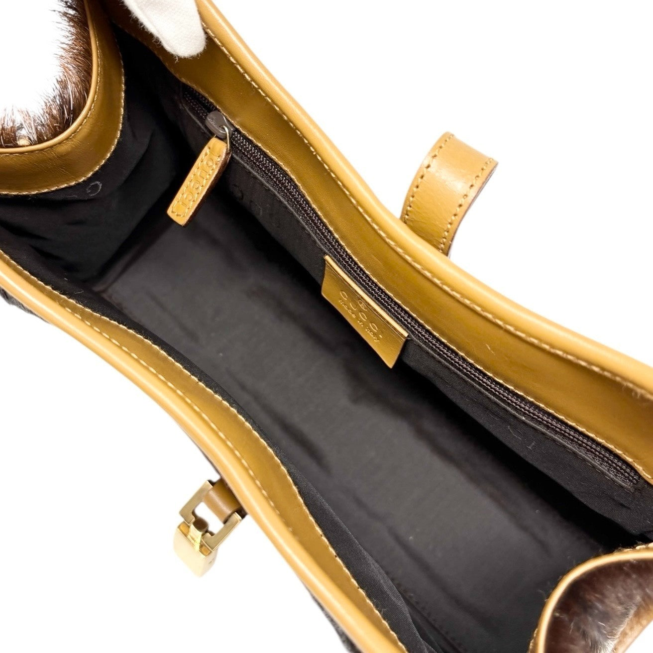 GUCCI Vintage Jackie Cow Pony Calf Hair Shoulder Bag Brown Gold Leather