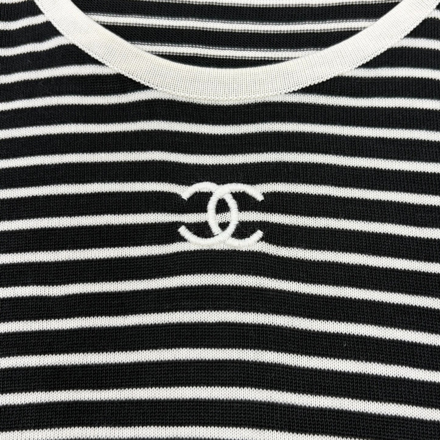 CHANEL Vintage CC Mark Logo Stripe T-shirt Top #40 Black White Cotton 106910