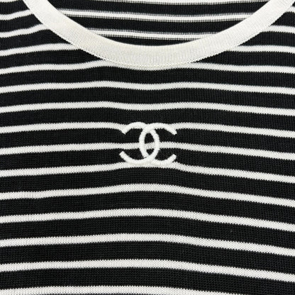 CHANEL Vintage CC Mark Logo Stripe T-shirt Top #40 Black White Cotton 106910