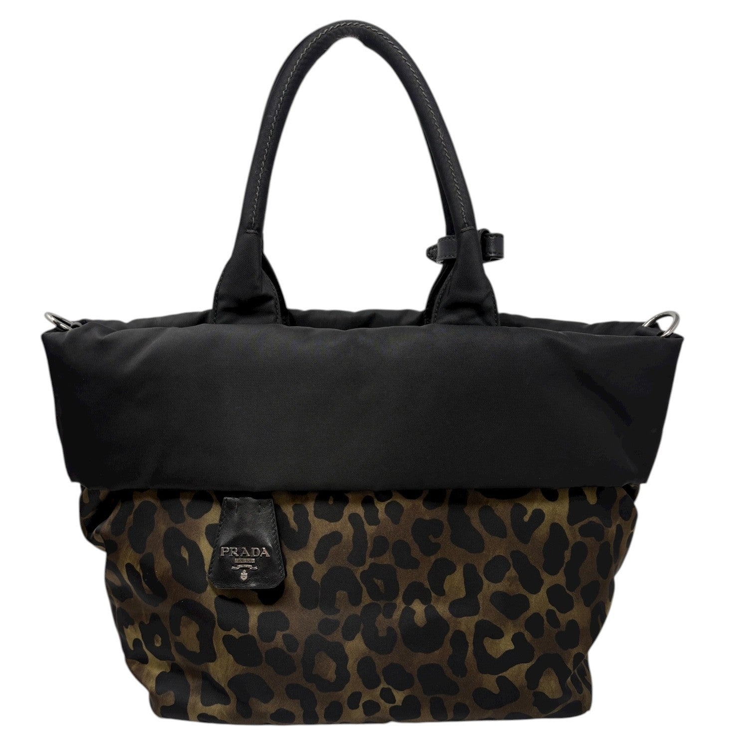 PRADA Vintage Logo Leopard 2way Shoulder Bag Crossbody Black Khaki Zip Nylon