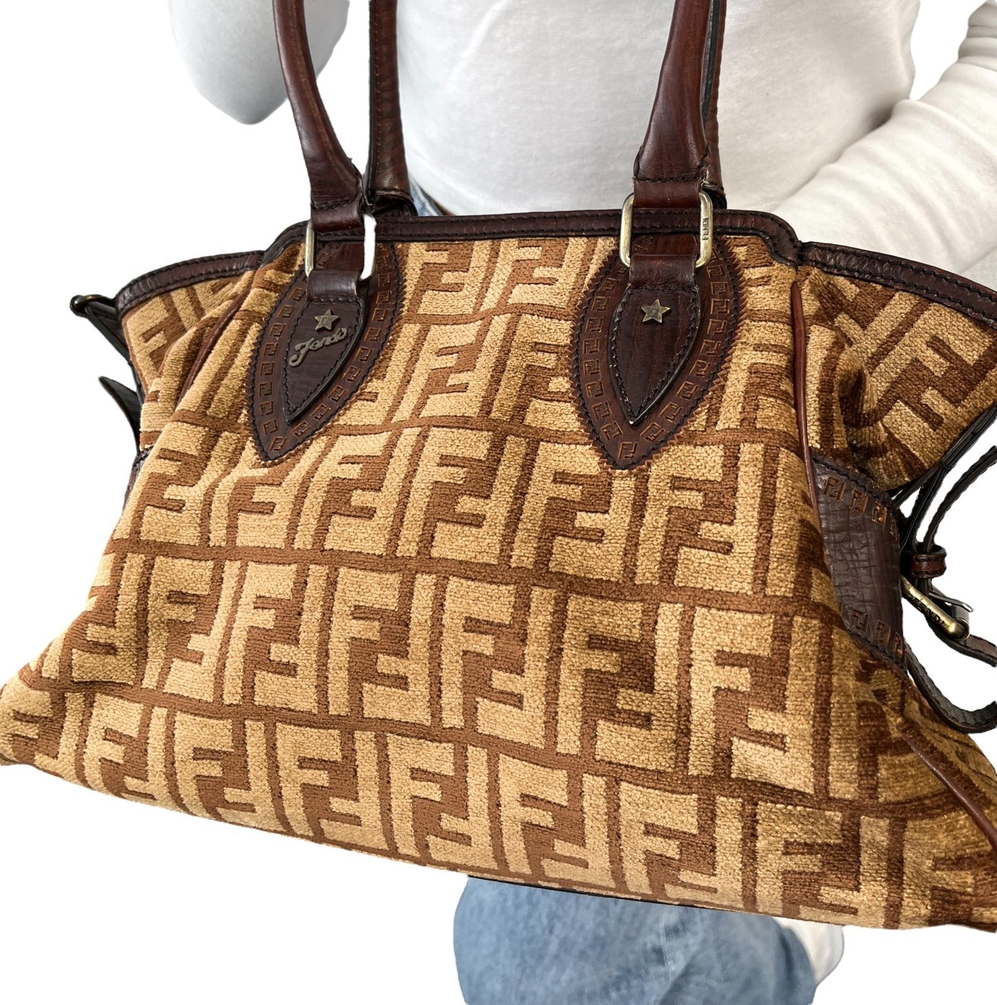 FENDI Vintage FF Logo Zucca Etniko Shoulder Bag Brown Gold Velour Leather