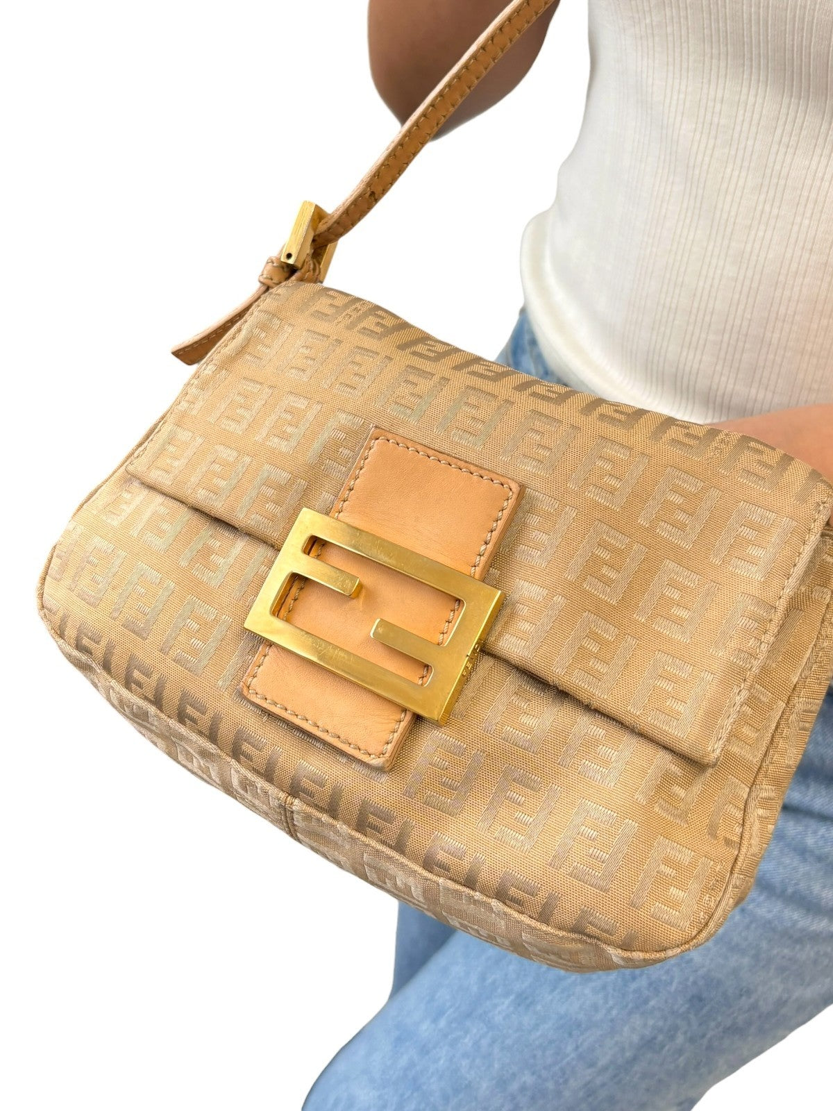 FENDI Vintage FF Logo Zucchino Mamma Baguette Shoulder Bag Beige Gold