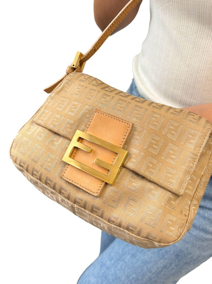 FENDI Vintage FF Logo Zucchino Mamma Baguette Shoulder Bag Beige Gold