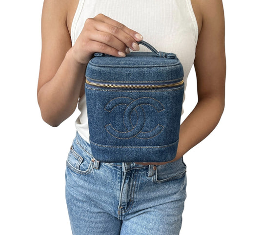 CHANEL Vintage CC Logo Denim Timeless Vanity Bag Handbag Blue Gold Cotton 902240