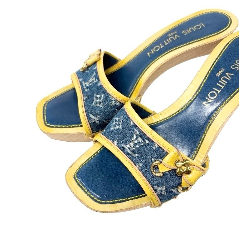 LOUIS VUITTON Vintage Logo Monogram Sandals Heels #36 Blue Yellow Leather