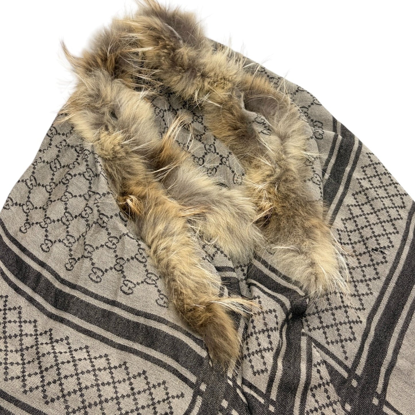 GUCCI Vintage GG Logo Monogram Fox Fur Shawl Scarf Wrap Gray Brown 902234