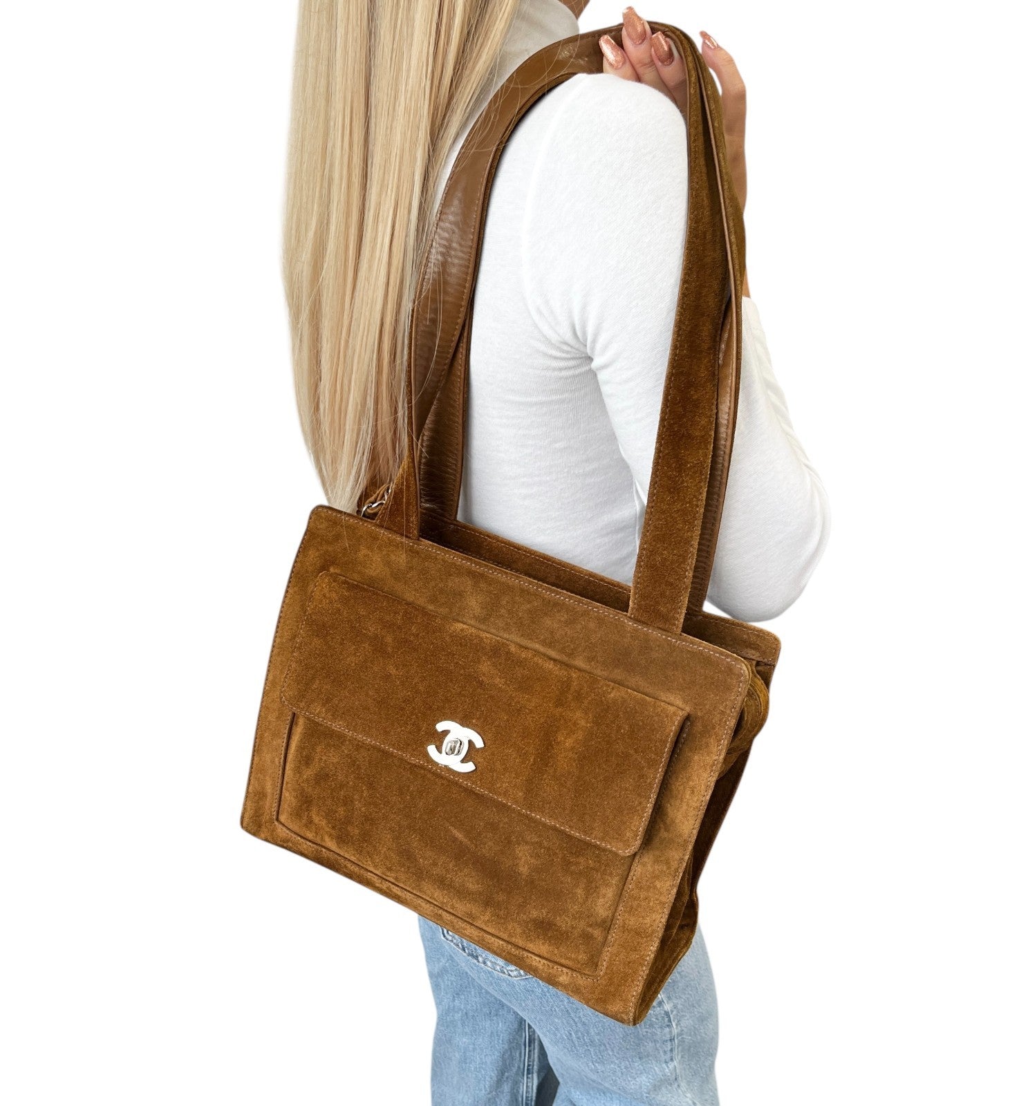 CHANEL Vintage CC Mark Logo Turnlock Tote Shoulder Bag Brown Silver Suede