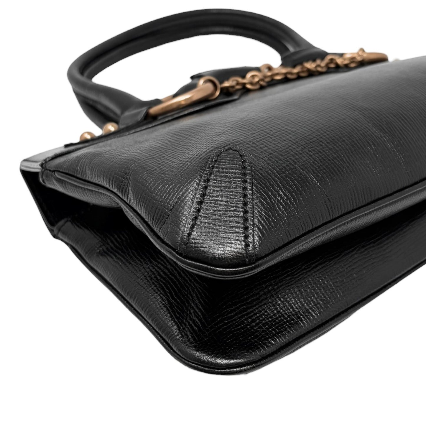 GUCCI Vintage Horsebit Chain Shoulder Tote Bag Black Gold Leather 902057