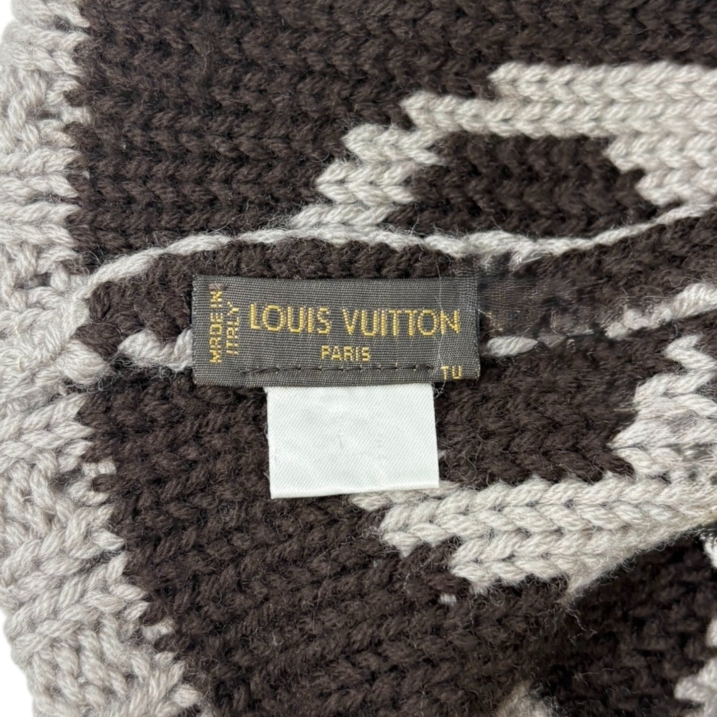 LOUIS VUITTON Vintage Knit Cap Beanie Hat Gray Brown Pompon LV Logo Wool