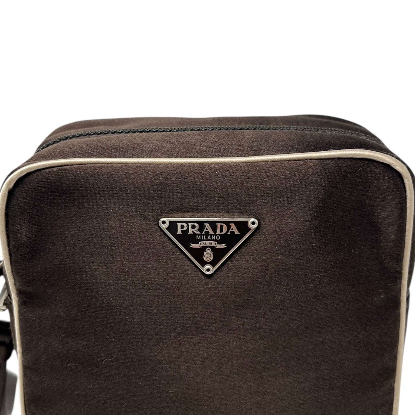 PRADA Vintage Triangle Logo Satin Wristlet Clutch Bag Brown Beige Pouch