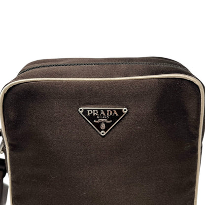 PRADA Vintage Triangle Logo Satin Wristlet Clutch Bag Brown Beige Pouch