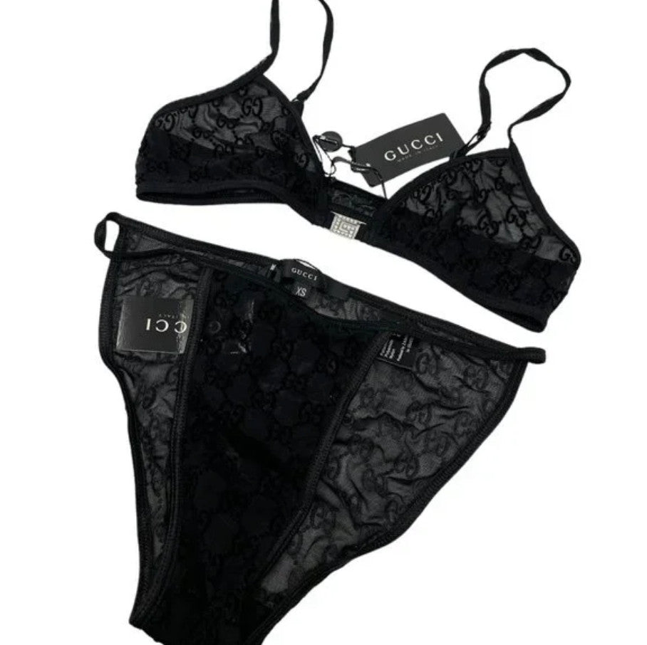GUCCI Vintage GG Monogram Logo Bra Shorts Set #XS Underwear Black Nylon
