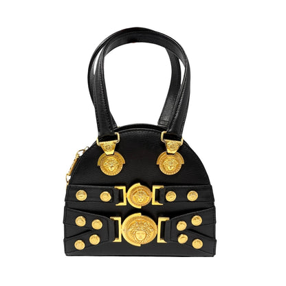 GIANNI VERSACE Vintage Medusa 2way Crossbody Mini Bag Black Gold Leather 902454