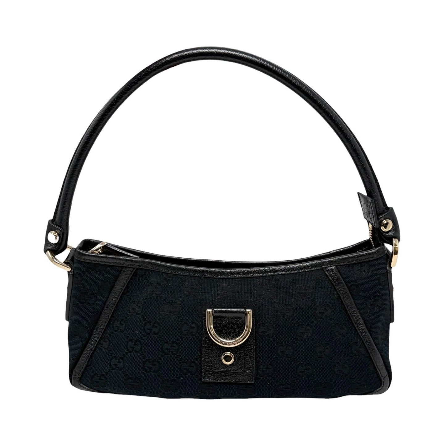 GUCCI Vintage GG Monogram Logo Abbey Shoulder Bag Zip Black Gold Canvas Leather
