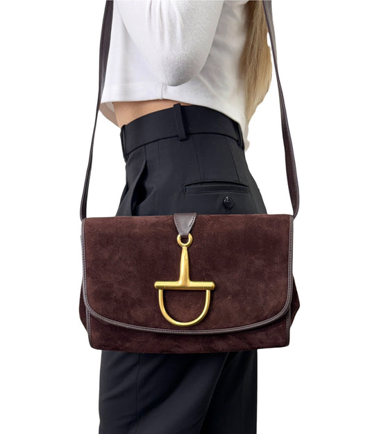 GUCCI Vintage Logo Horsebit Crossbody Bag Brown Gold Suede Leather 902824