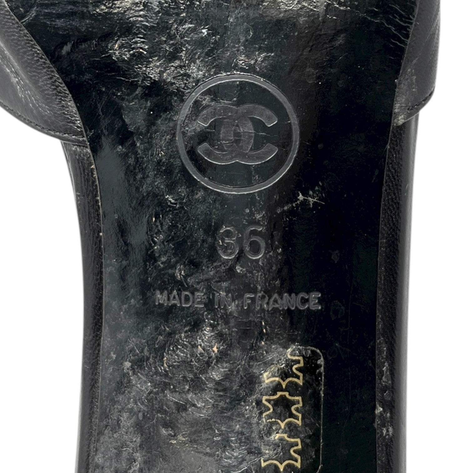 CHANEL Vintage CC Mark Logo Sandals #36 Heels Block Black Beige Leather