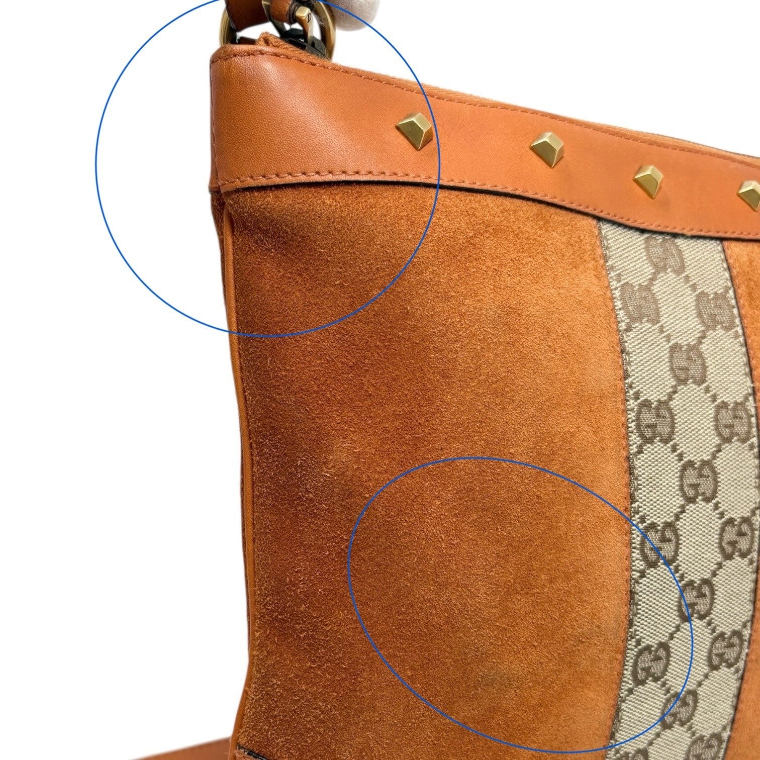 GUCCI Vintage GG Monogram Crossbody Bag Orange Suede Canvas Leather Nailhead