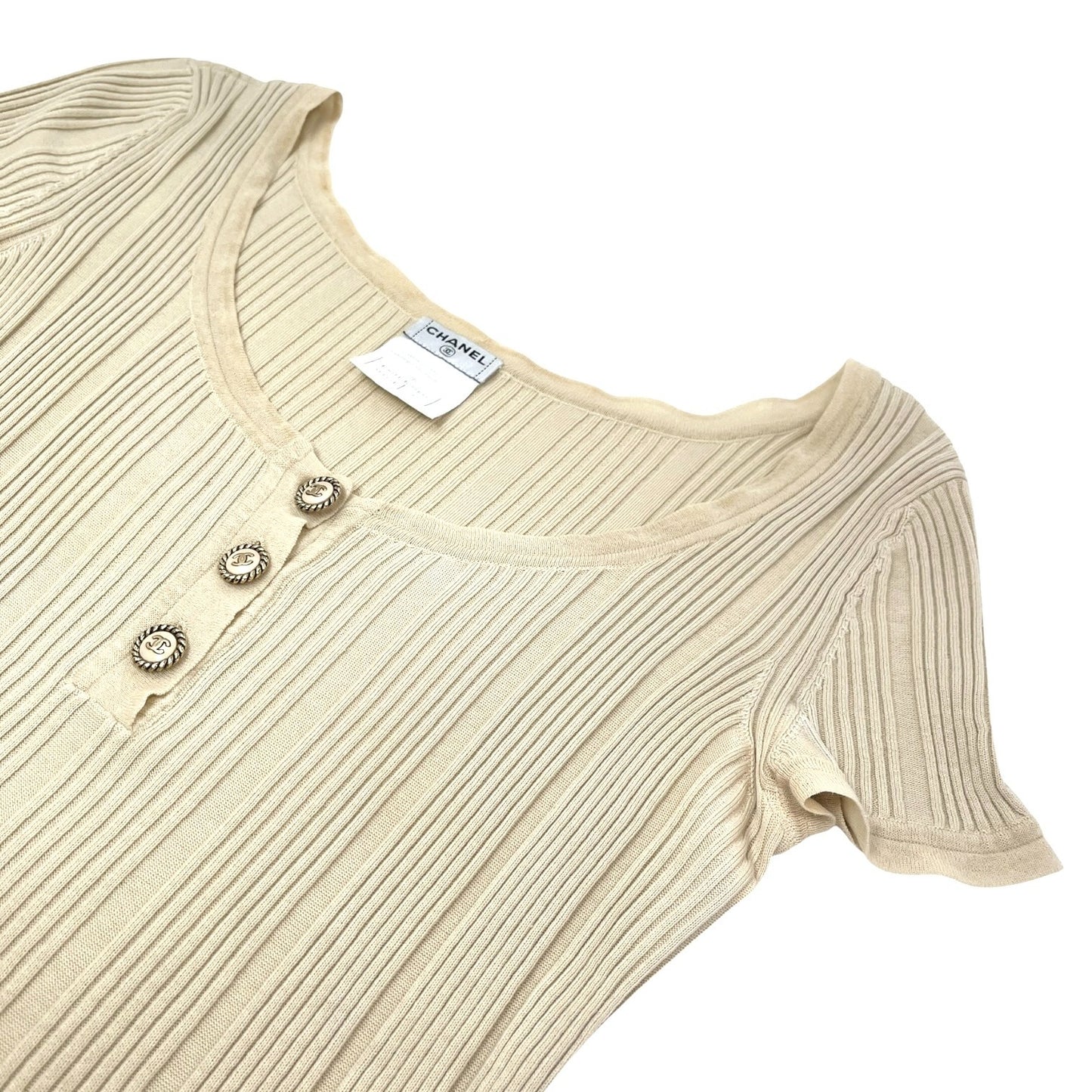 CHANEL Vintage 07P CC Logo Button Rib Knit Top #42 Cotton Beige Gold 106913