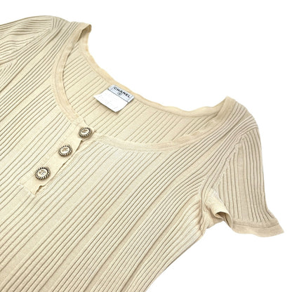 CHANEL Vintage 07P CC Logo Button Rib Knit Top #42 Cotton Beige Gold 106913