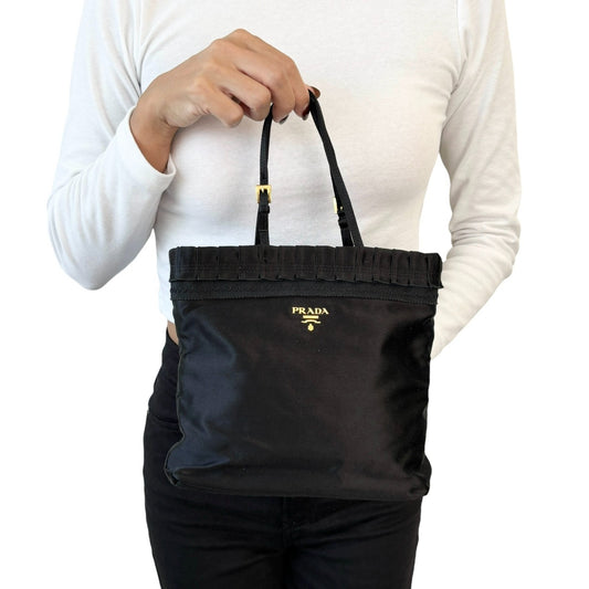 PRADA Vintage Logo Frill Mini Tote Bag Black Gold Satin Button 901834