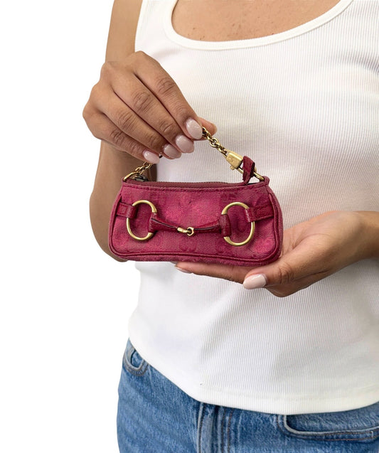 GUCCI Vintage Horsebit GG Monogram Micro Bag Pouch Pink Gold Canvas 901845