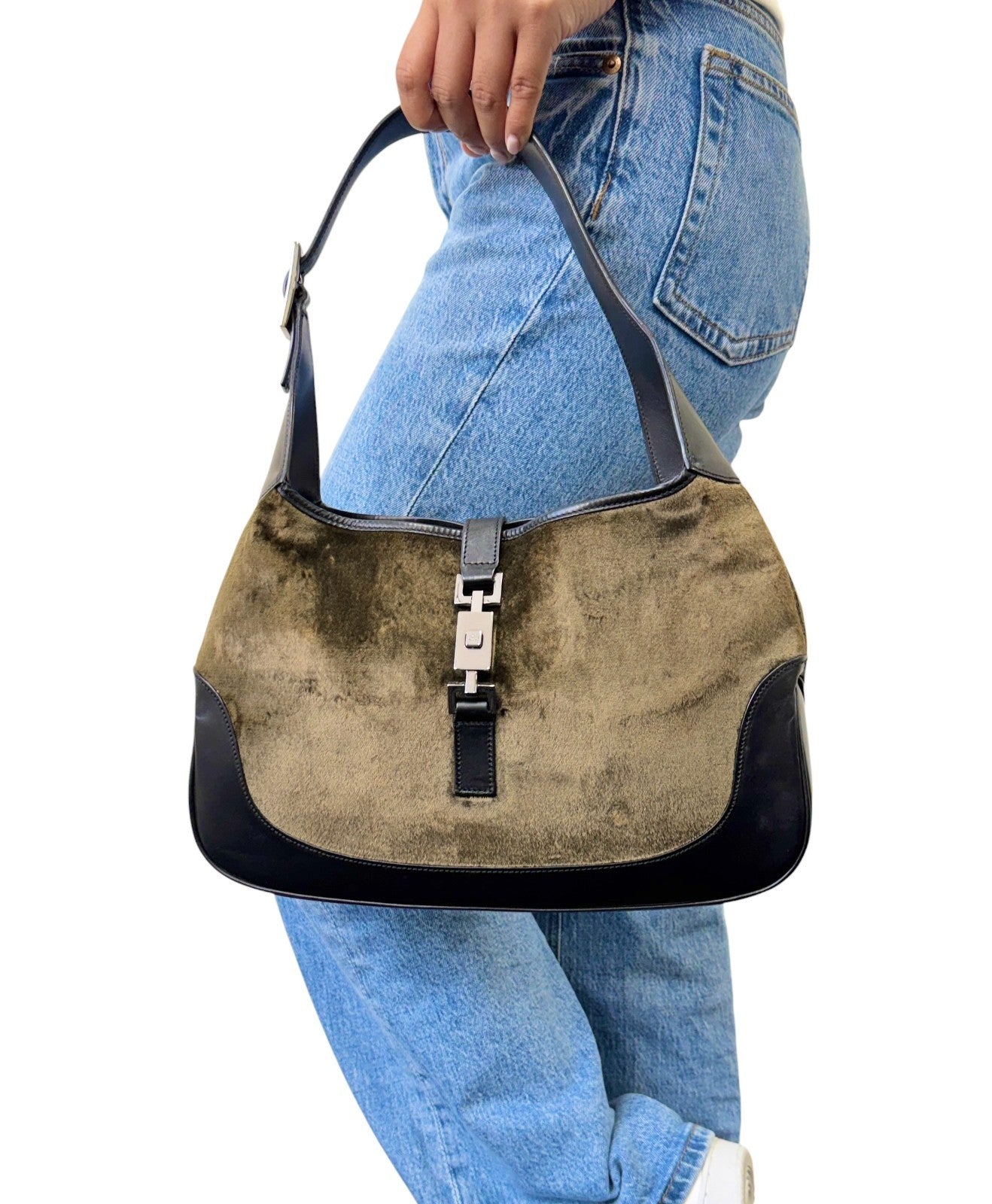 GUCCI Vintage Jackie Velour Shoulder Bag Handbag Green Black Leather 901870