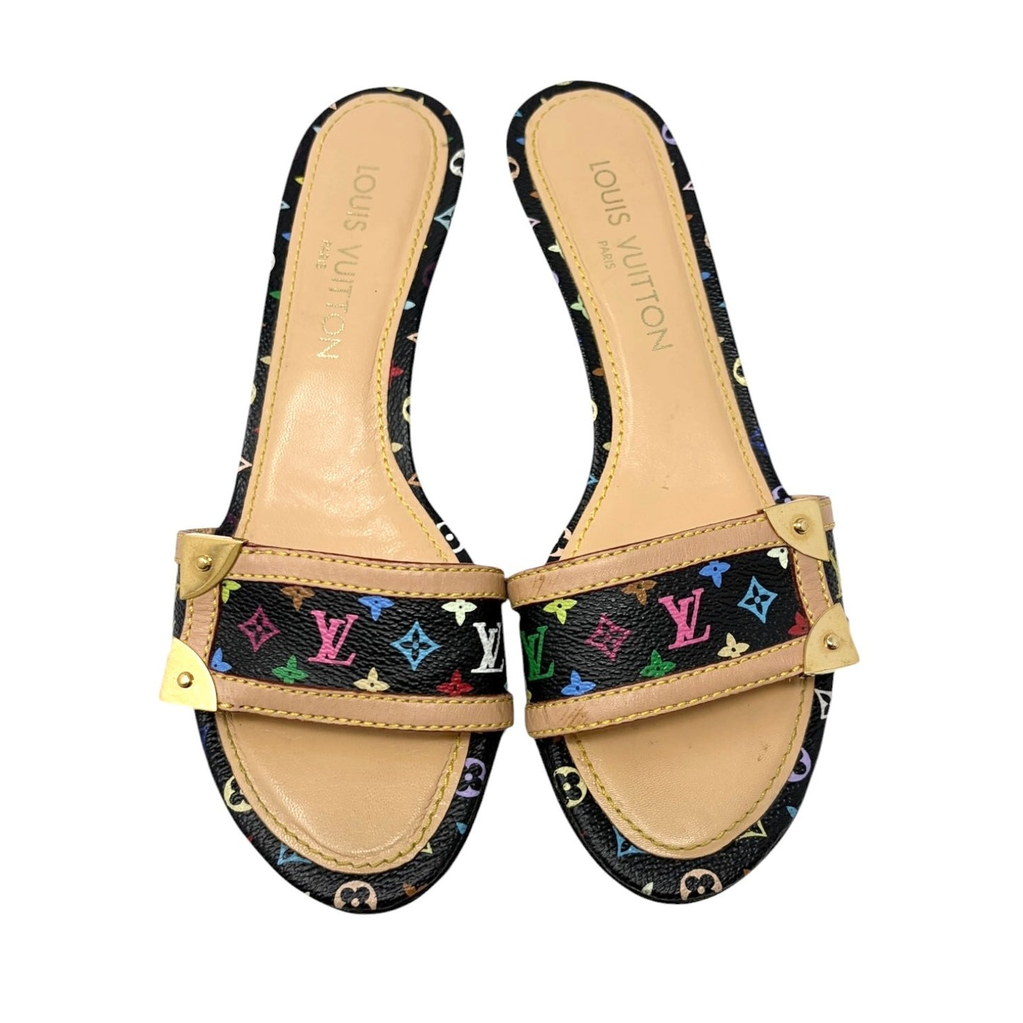 LOUIS VUITTON Vintage Monogram Multicolor Sandals Heels #37.5 Black Beige