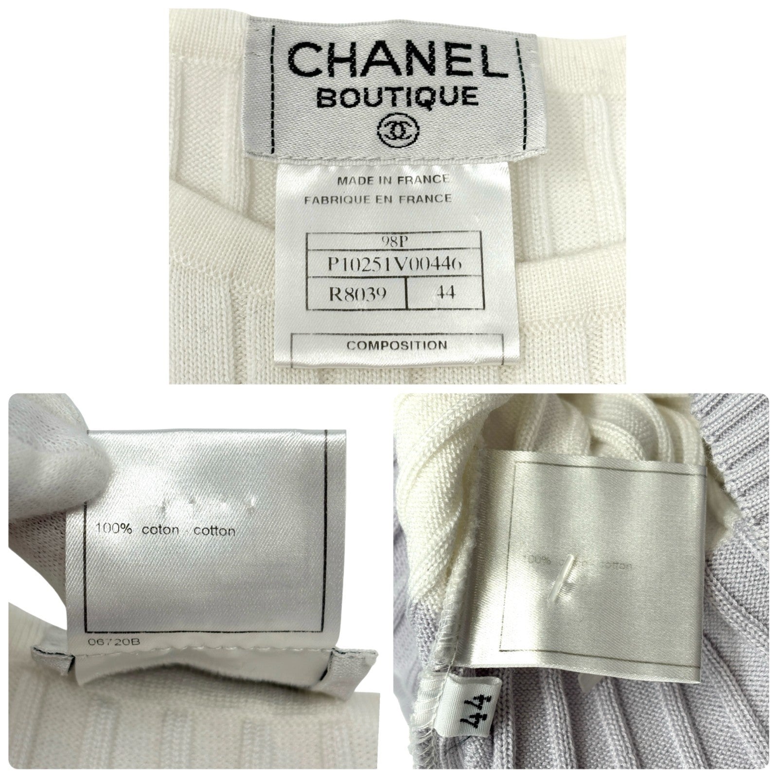 CHANEL Vintage 98P CC Mark Logo Knit Tank Top #44 White Purple Cotton