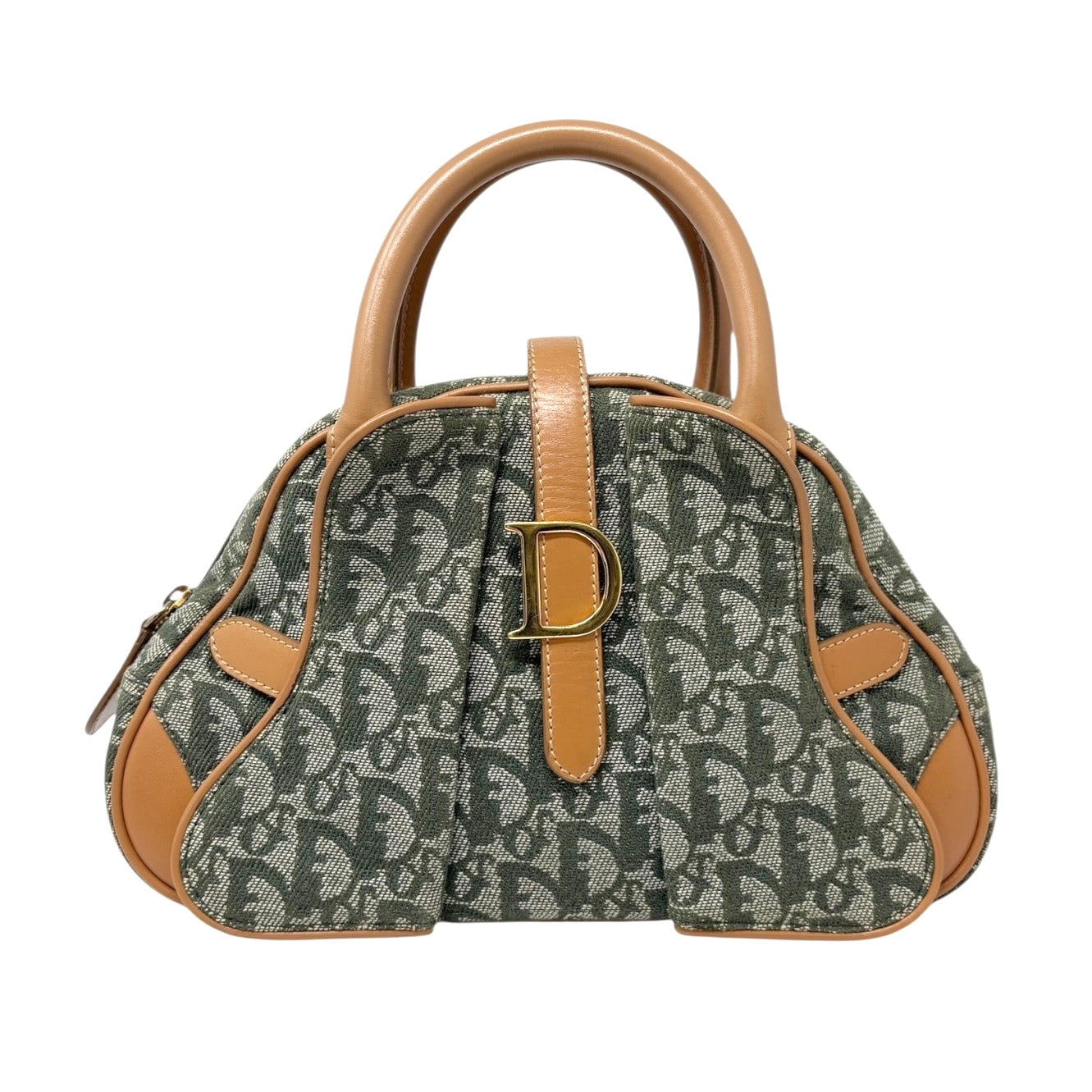 Christian Dior Vintage 2001 Logo Trotter Double Saddle Bag Green Beige Cotton