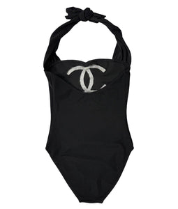 CHANEL Vintage 01C Big CC Mark Logo Swimsuit #38 One-piece Black Nylon Rank AB