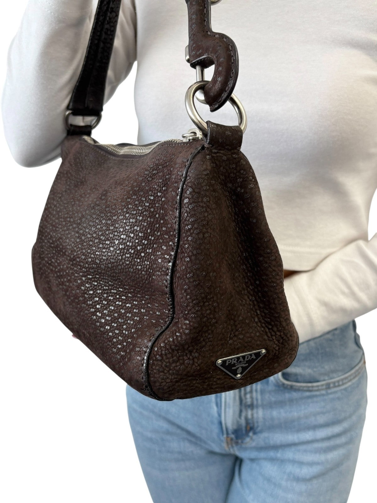 PRADA Vintage Triangle Logo One Shoulder Bag Textured Suede Brown Leather 902350
