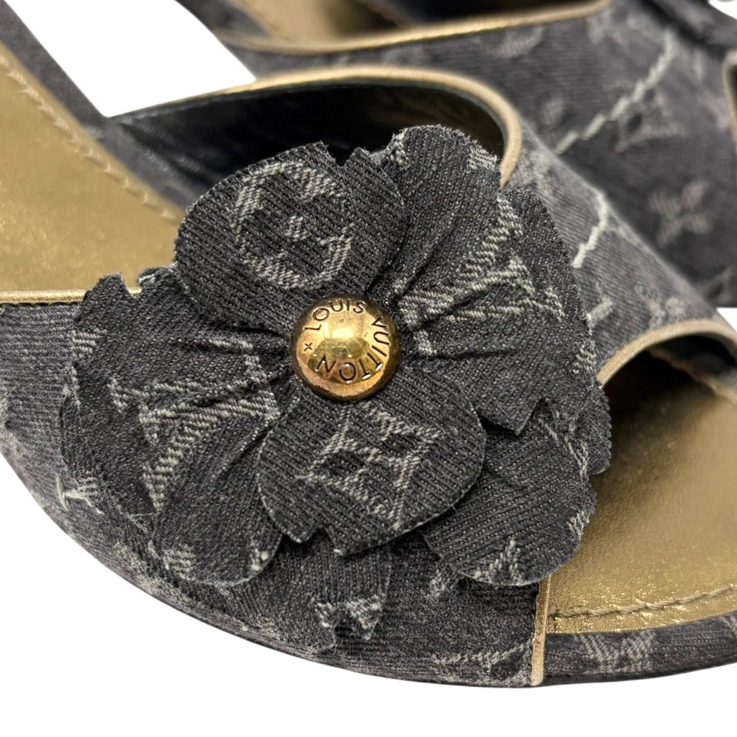 LOUIS VUITTON Vintage Monogram Denim Heels Sandals #36.5 Black Gold Corsage