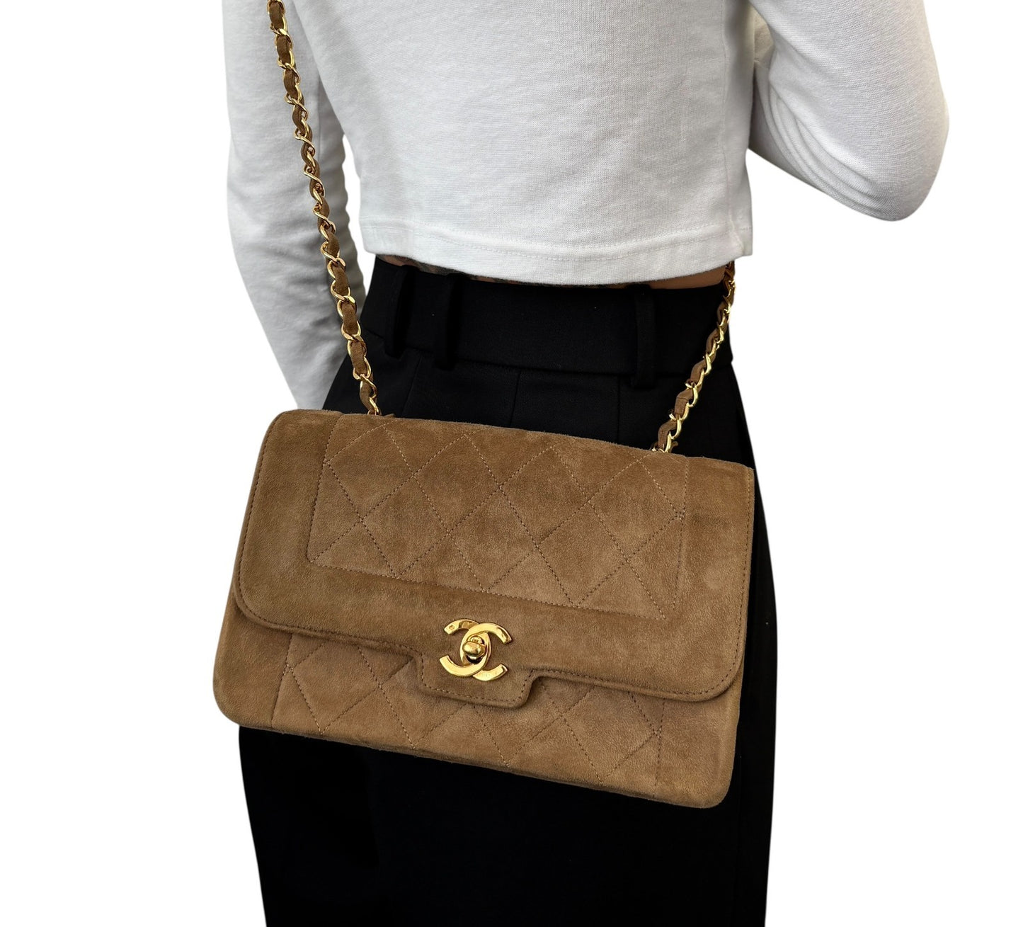 CHANEL Vintage CC Logo Turnlock Quilted Suede Flap Bag Brown Gold