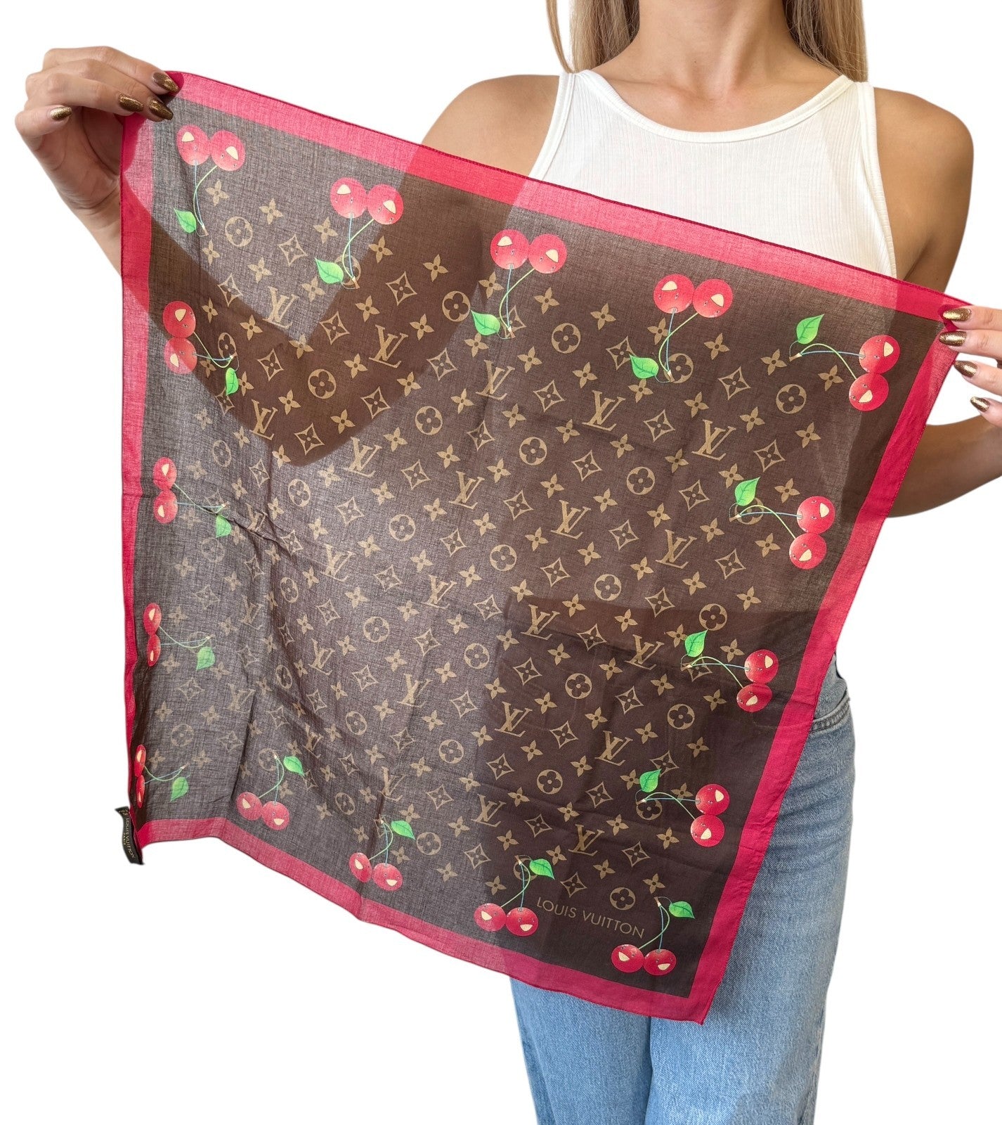 LOUIS VUITTON Vintage LV Monogram Cherry Scarf Wrap Takashi Murakami Brown Red