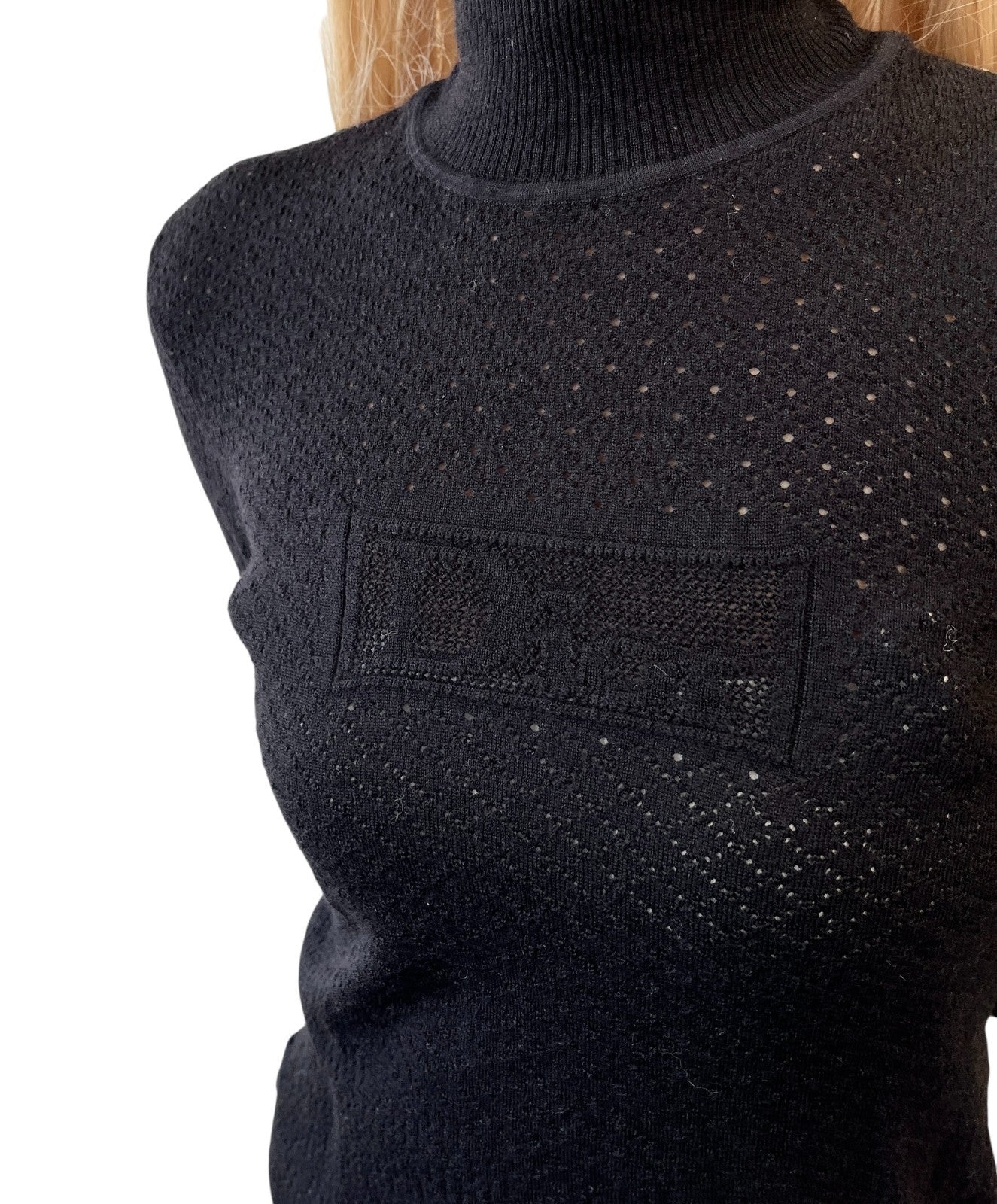Christian Dior Vintage Logo Turtleneck Knit Mesh Sweater Long Sleeve Black