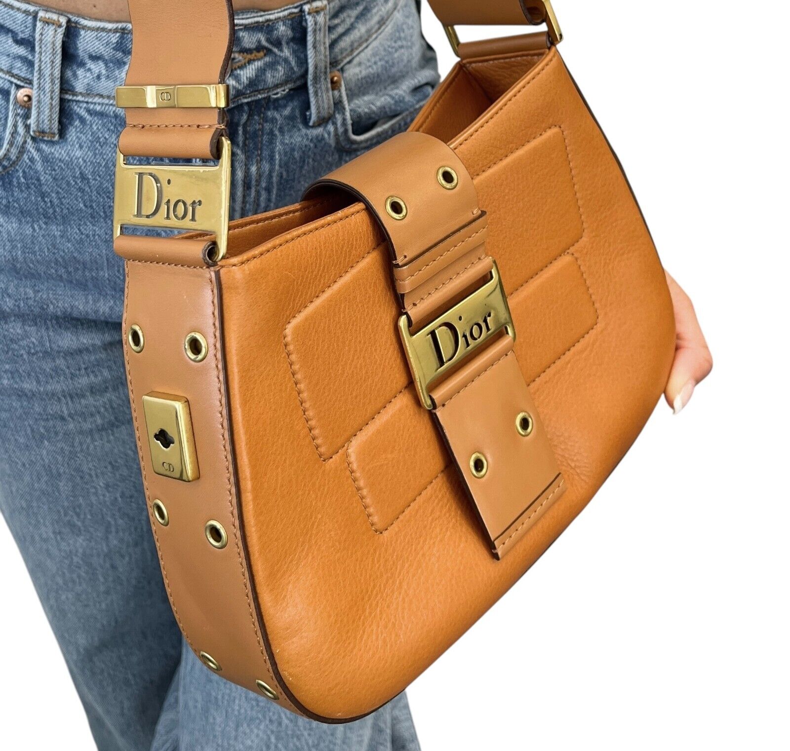 Christian Dior Vintage Logo Street Chic Shoulder Bag Brown Gold Leather